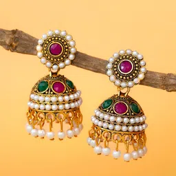 aadita Set Of 2 Silver-Plated Artificial Stones Studded Dome Shaped Jhumkas image 5