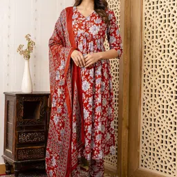 Nayo Floral Printed Pure Cotton Anarkali Kurta With Trousers & Dupatta-image-60