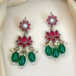 Zeviel Gold-Plated Artificial Stones Studded & Beaded Floral Shaped Drop Earrings-picture-47