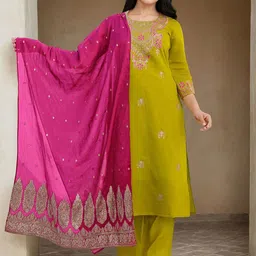 SANISA Floral Embroidered Round Neck Thread Work Straight Kurta & Trousers With Dupatta-15