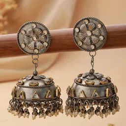 Sangria German Silver Silver-Plated Kundan Studded & Beaded Dome Shaped Oxidised Jhumkas-34