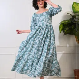 Sangria Women Floral Printed Off-Shoulder Puff Sleeve Tiered Cotton Fit & Flare Maxi Dress-picture-36