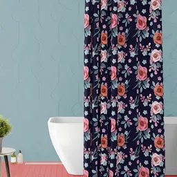 ArtzFolio Navy Blue & Pink Floral Printed Waterproof Shower Curtain-image-21