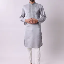 MAAHI FABS Men Ethnic Motifs Embroidered Mandarin Collar Kurta with Pyjamas-picture-44