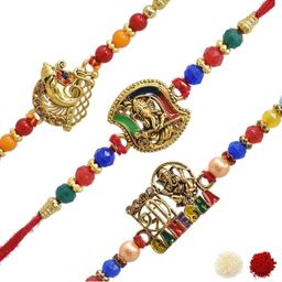 MEIRA JEWELLERY Set Of 3 Lord Ganesha Beaded Rakhi With Greeting Card Gift Set-image-8