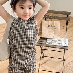 LULU & SKY Girls Checked Round Neck Sleeveless Pure Cotton Top With Shorts-image-73