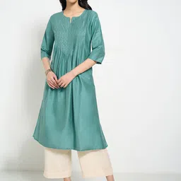 RANGMANCH BY PANTALOONS Pleated Sequinned Work Notch Neck A-Line Kurta-32