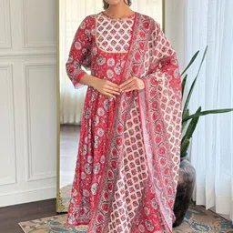 KALINI Floral Printed Boat Neck Anarkali Kurta With Trousers And Dupatta-48