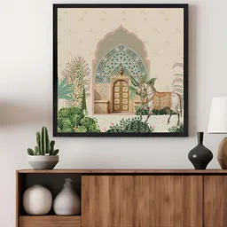 999Store Beige & Green Canvas Traditional Indian Courtyard Wall Art-14