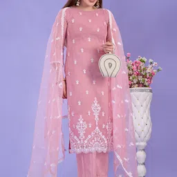 HERE&NOW Women Ethnic Motifs Embroidered Regular Thread Work Kurta with Trousers & With Dupatta-15