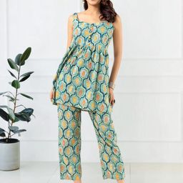 Anouk Women Mint Floral Grid Printed Pure Cotton Sleeveless Co-ord Set-picture-20