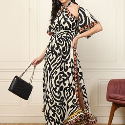 DEEBACO Printed Halter Neck Bell Sleeve Fit & Flare Maxi Dress-8