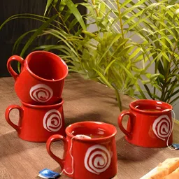 Unravel India Red & White Handcrafted and Hand Painted Solid Ceramic Matte Mugs Set of Cups and Mugs-21