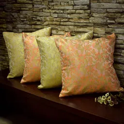 RoyalDeco Bageecha Peach-Coloured 4 Pieces Ethnic Brocade Silk Square Cushion Covers-picture-0
