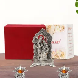 INTERNATIONAL GIFT Silver-Plated Radha Krishna Chowki with 2 Diya Religious Idol Showpiece-2