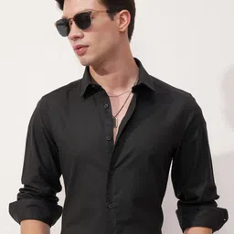 HIGHLANDER Dobby Textured Self Design Spread Collar Long Sleeves Slim Fit Shirt-image-47
