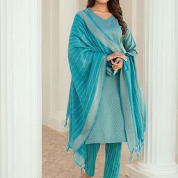SANISA Ethnic Motifs Woven Design Sequnnied Straight Kurta With Trousers & Dupatta-picture-31