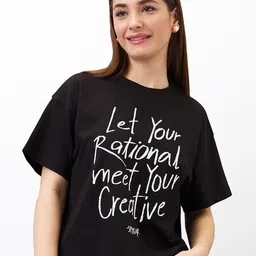 SPYKAR Women Typography Printed Round Neck Cotton Boxy T-shirt-picture-0