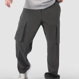 Beyoung Men Dark Grey Raw Edge Light Weight Cargo Pants-image-8
