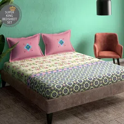 Portico Ceramica Pink & Blue Floral Cotton 164 TC Super King Bedsheet Set-2.74 m x 2.74 m-image-84