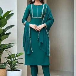 SZN Floral Yoke Design Sequinned Straight Kurta With Trouser & Dupatta-picture-15