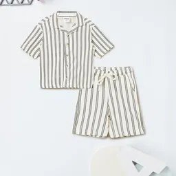max Boys Striped Cuban Collar Pure Cotton Shirt With Shorts-picture-19