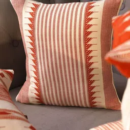 JAYPORE Rust & White Embroidered Cotton Pre-Filled Cushion-image-33