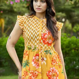 MOJILAA Women Floral Print Mandarin Collar Ruffles Crepe Peplum Top-image-28