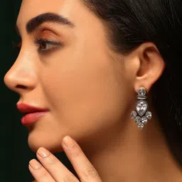 Priyaasi Silver Plated Crystal Studded Oxidized Contemporary Drop Earrings-13