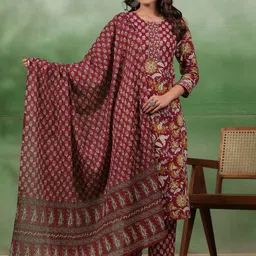 Sangria Maroon Floral Printed Round Neck Pure Cotton Kurta With Trousers & Dupatta-picture-21