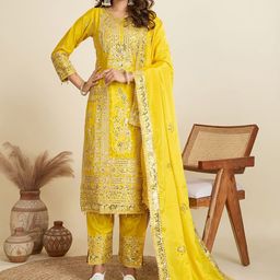 AKSHARAM Floral Embroidered Sequinned Georgette Straight Kurta With Trousers & Dupatta-image-25