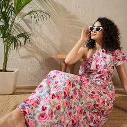 StyleStone Floral Print One Shoulder Ruffled Crepe Maxi Dress-picture-44