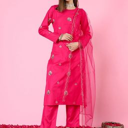 THE FAB FACTORY Women Floral Embroidered Thread Work Kurta with Trousers & With Dupatta-image-35