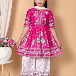 NFashion Girls Pink & White Floral Printed Pleated Kurta with Palazzos & With Dupatta-image-27