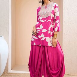 Shae by SASSAFRAS Floral Embroidered Sequinned Straight Kurti With Dhoti Pants-12