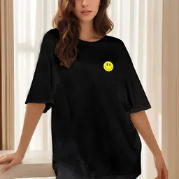 TQH Typography Printed Round Neck Drop-Shoulder Sleeves Oversized Cotton T-Shirt-picture-2