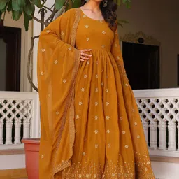 KALINI Floral Embroidered Pleated Georgette Anarkali Kurta With Pyjamas & Dupatta-picture-19