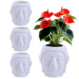 Kuber Industries 4Pcs White Lord Buddha Shaped Flower Planters-14
