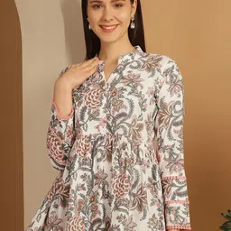 Rajnandini Floral Print Mandarin Collar Ethnic Cotton Boxy Top-image-84
