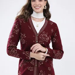 Monte Carlo Women Floral Self Design V-Neck Ribbed Cardigan Sweater-picture-43