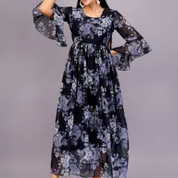 HIGHLIGHT FASHION EXPORT Floral Print Bell Sleeve Georgette Maxi Dress-image-8