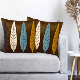 Vinayaka Fab Brown And White 2 Pieces Floral Patchwork Velvet Square Cushion Covers-image-13