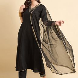 Anouk Rustic Floral Embroidered Zari Work A-line Kurta With Trouser And Dupatta image 2