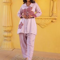 Kaftanize Floral Printed & Embroidered Shirt With Trousers Co-Ords-53