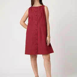 Strong And Brave Women Solid Cotton Round Neck Shift Dress-picture-1