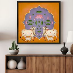 999Store White & Orange Vibrant Ornamental Cow and Lotus Canvas Painting Wall Art-image-55