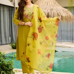 KALINI Floral Embroidered Round Neck Kurta with Trousers & Dupatta-picture-25