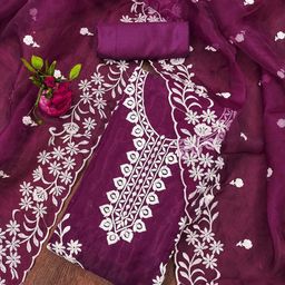 SAINOOR Embroidered Thread Work Organza Semi-Stitched Dress Material-image-62