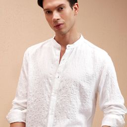 HIGHLANDER Dobby Textured Band Collar Slim Fit Shirt-image-86