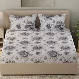 Huesland White & Black Printed Cotton 210 TC Super King Bedsheet Set 2.74 m x 2.74 m-picture-17